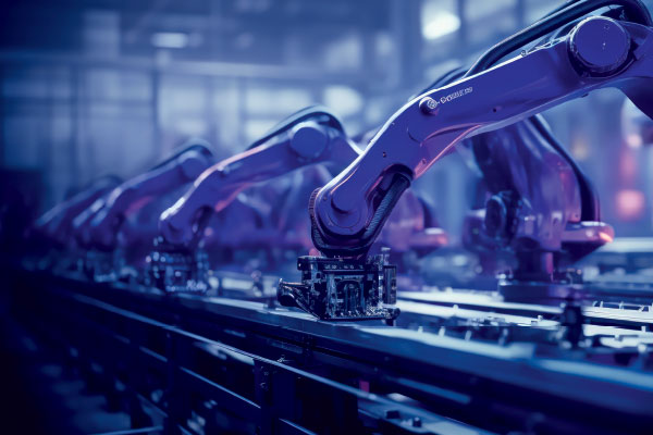 Industrial robotic arms operating on a production line, illustrating advanced automation in a manufacturing setting