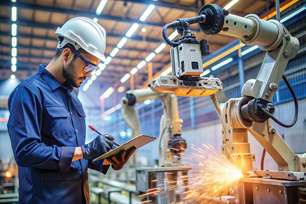 A manufacturing setting where a technician is supervising or programming an industrial robot arm performing automated welding or assembly
