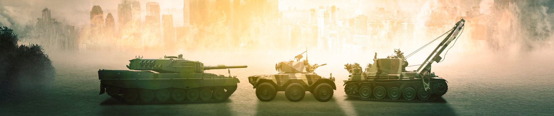 A photo featuring a variety of military vehicles in a dramatic, war-themed setting