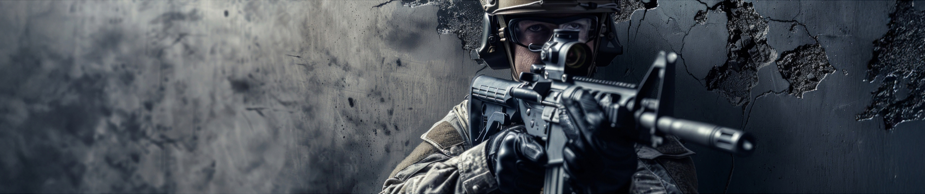 A soldier in full combat gear aiming a rifle