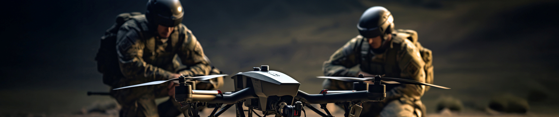 Image shows two soldiers with a military combat drone