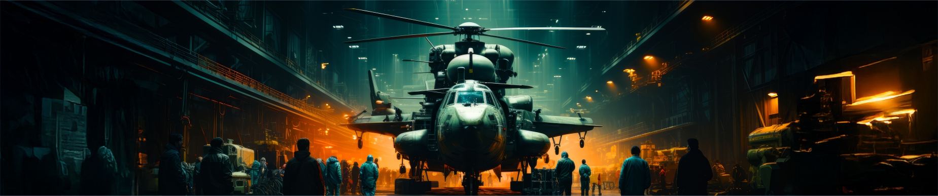 A digital illustration or AI-generated art depicting a military helicopter in a dark, industrial setting or hangar, possibly a futuristic or stylized representation